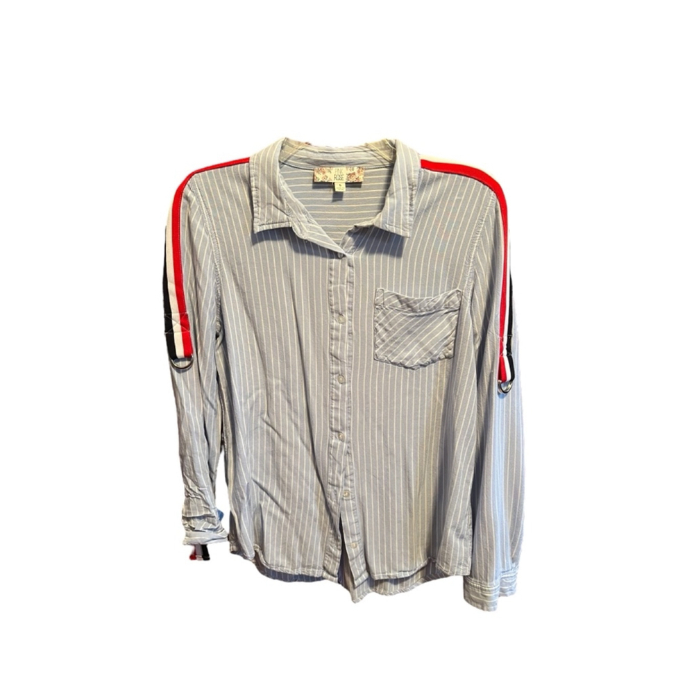 Pink Rose Striped Button-Down Shirt with Red Shoulder Stripes
